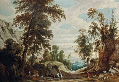 Wooded Landscape with Figure on Horseback and Shepherds with Flock on Path, Castle Beyond by Jan Wildens